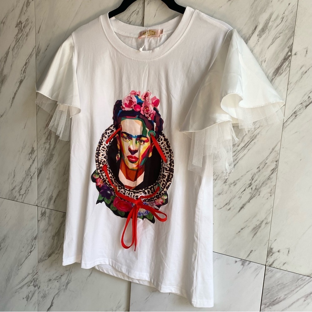 NEW Frida Kahlo Tulle Ruffle Short Sleeve Graphic Tee SZ S - Picture 2 of 6